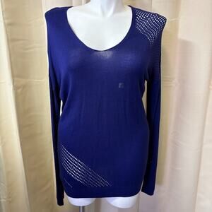 Express Double V Neck Drop Sleeve Mesh Cut Out Blue Knit Sweater Tunic Size L